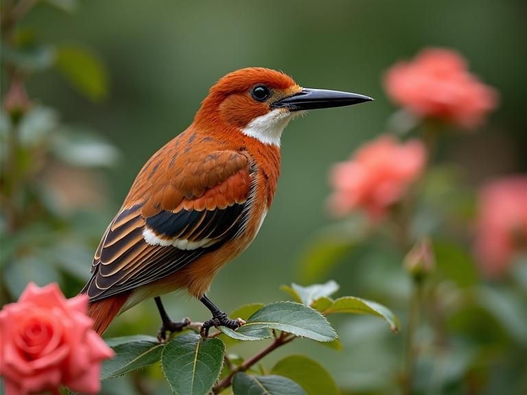 Description of a kingfisher bird among blooming roses in a garden setting.