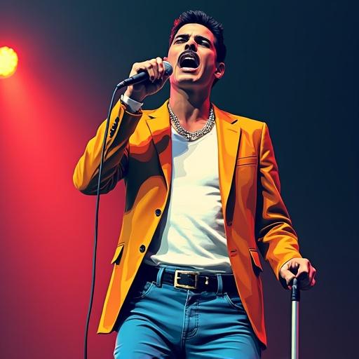 Freddie Mercury performing with a microphone in a vibrant and colorful pose. Styled in vector and pop art. Bright colors dominate the composition.