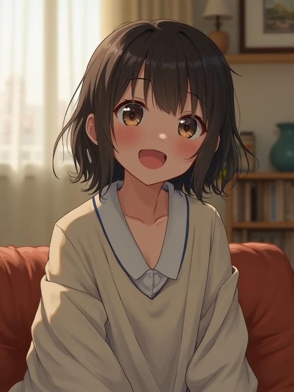 Tokyo girl in a living room. She smiles while sitting on a couch. Soft sunlight illuminates her face. Cozy indoor setting with decorative items in the background.