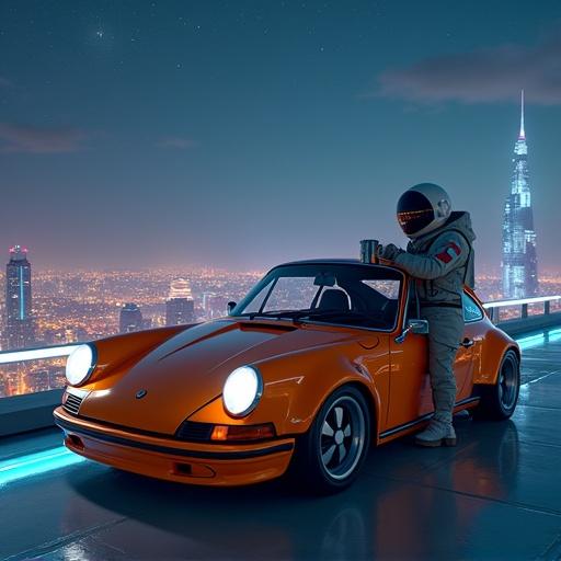 Cinematic shot of retro-modern orange Singer Porsche 911 parked on rooftop. Neon-lit megacity below at night. Car gleams under ambient lighting. Beside car, astronaut sits on rooftop edge with legs over abyss. Holding steaming mug. Clear star-streaked sky with hints of nebula. Mood is calm and aspirational. Hyper-realistic concept art style with rich texture.
