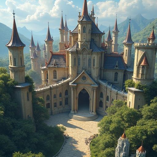 A grand fantasy castle situated in a lush green landscape surrounded by mountains. The castle features tall spires and intricate designs. The scene captures a sunny day with rich details.