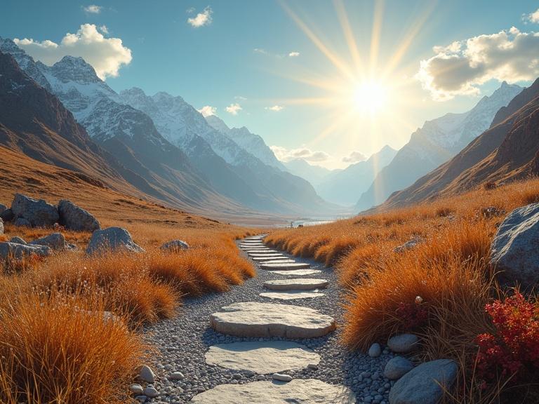 A winding path of stones through a colorful landscape. Mountains rise under a bright sun. Grass glows gold. The scene conveys a journey toward a destination.