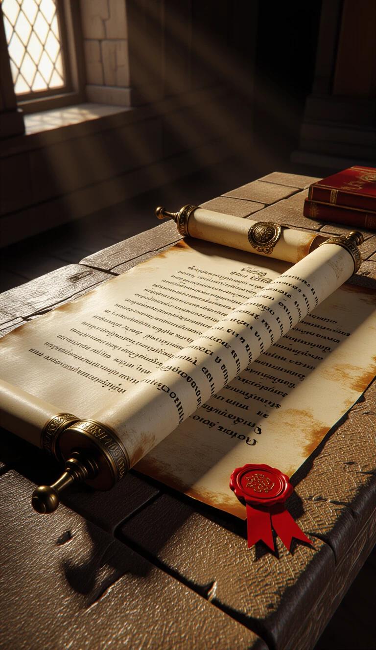 An open royal scroll rests on a stone table. The scroll features ancient scripts with a royal seal. Dramatic lighting casts shadows on the table.