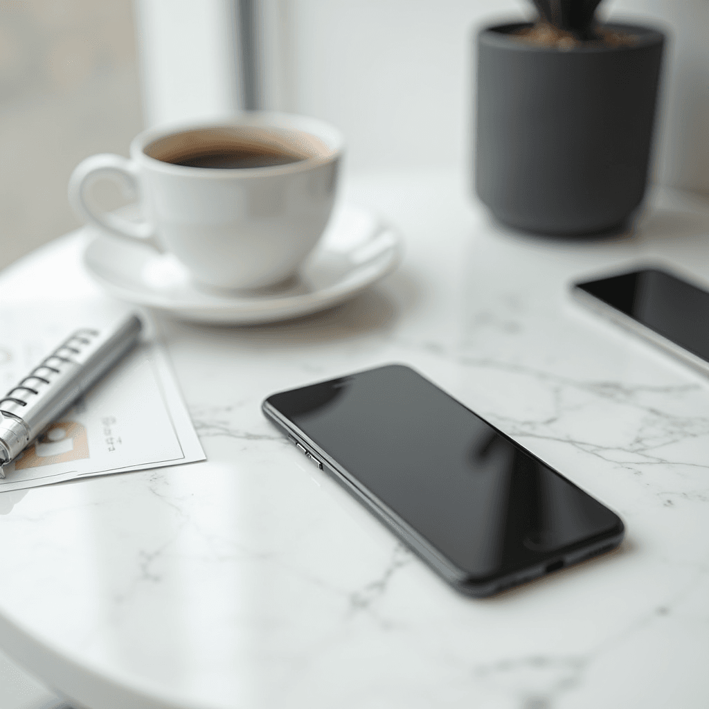 A smartphone, cup of coffee, and potted plant on a marble table.