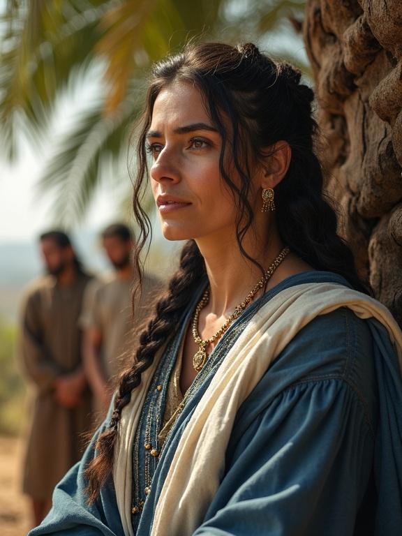 Cinematic photo of ancient Israel. Under light of palm tree, Deborah sits. She is a wise Israelite woman in her 50s. She has discerning brown eyes and long, graying braids. Wears flowing deep blue and white robes. Her face shows wisdom. Groups of Israelites are present, seeking judgment.