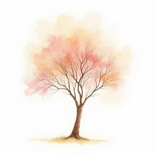Watercolor illustration in pastel colors featuring a central tree against a blank background. The tree has a simple branched structure with a soft, colorful foliage resembling a murex.