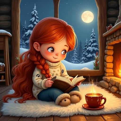 Glossy oil painting depicting a redhead chibi woman with freckles. She wears a cozy sweater with a cat design and mismatched slippers. Sitting on a plush rug, she reads in front of a fireplace. Next to her is a cup of hot cider. The background features a snowy landscape under a full moon.
