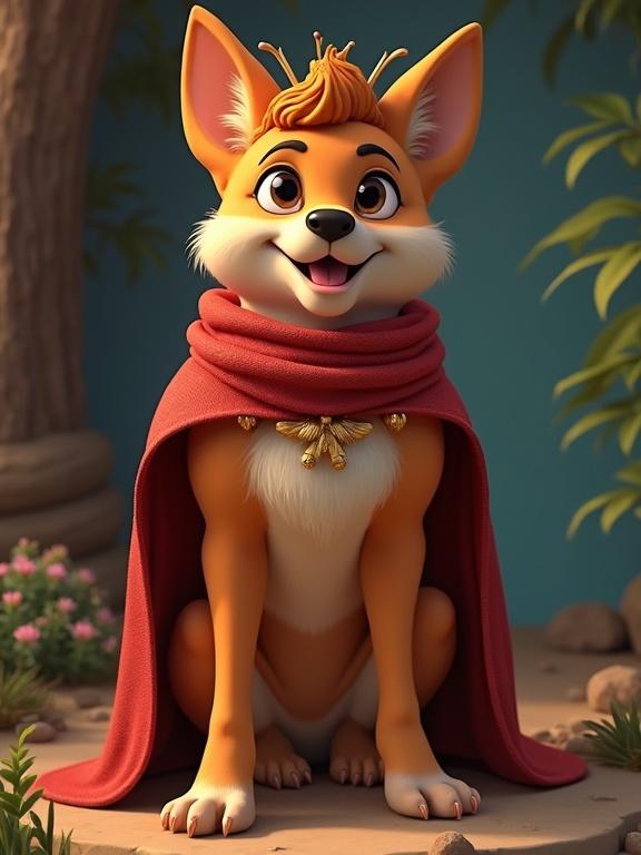 A cartoon fox character wearing a red cape and a friendly expression. Character has playful details like a tufted hairstyle and a cheerful demeanor. Background includes plants and flowers.