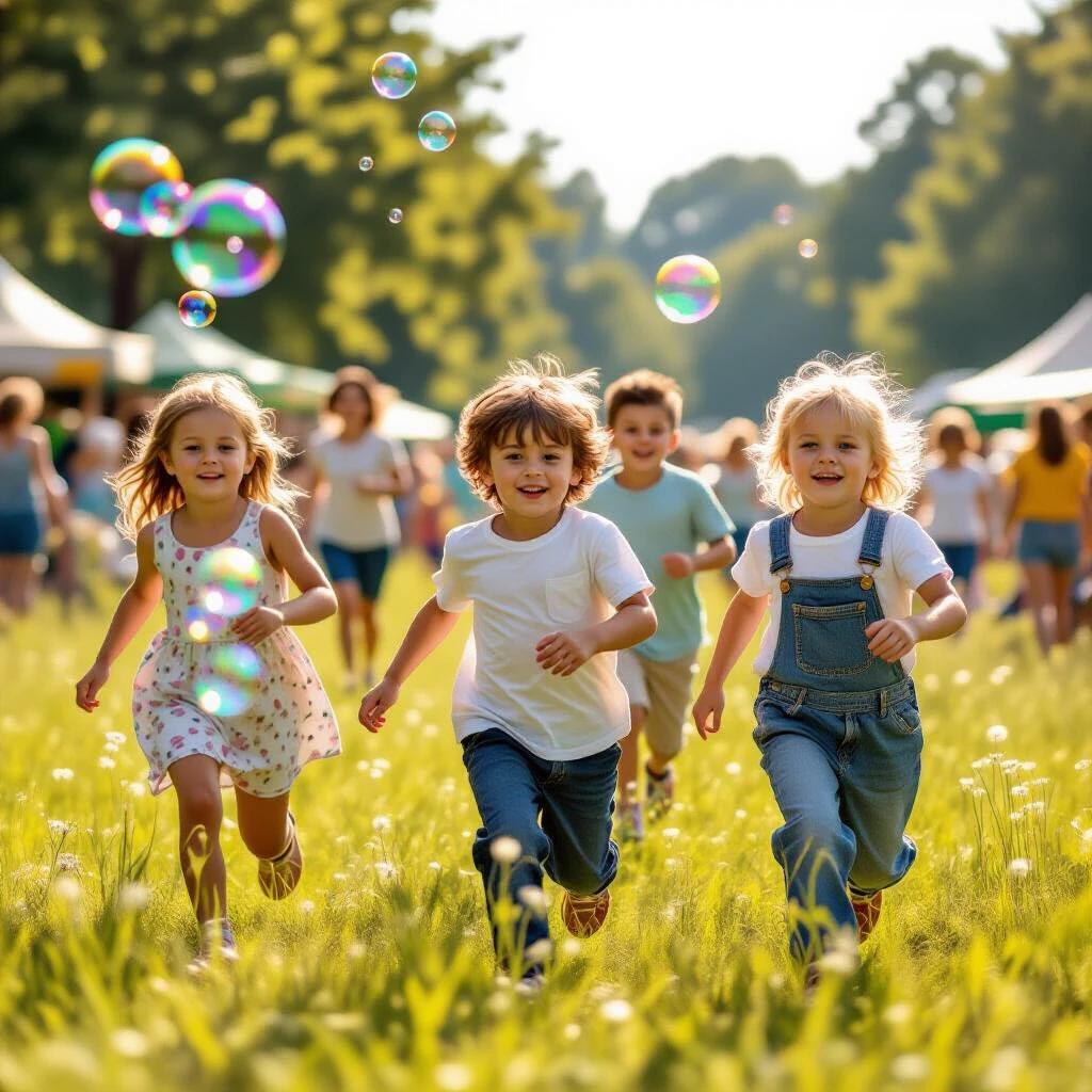 A photorealistic image showcases children aged 5 to 11 years old playing together in a meadow. Kids are running joyfully while one child is creating soap bubbles. The setting is on a sunny warm day with a vibrant festival atmosphere in the background. The angle used is a medium shot with a dutch angle.