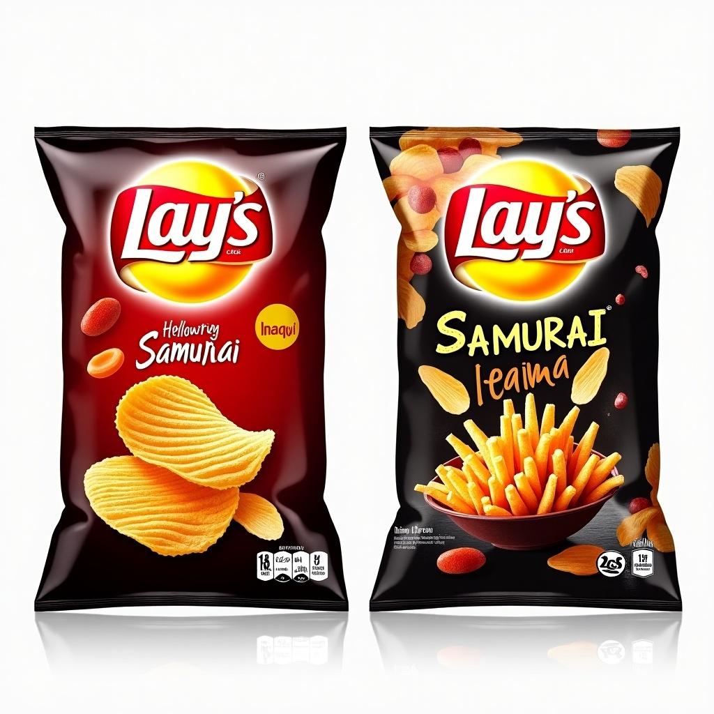 This image showcases two Lay's chip bags designed for adventurous snack lovers. On the left, the Lay's Samurai flavor features vibrant red packaging with appealing graphics, aimed at capturing attention. The right side displays another Lay's product that also highlights the Samurai theme, suggesting unique taste experiences. Both bags are visually striking, using bold colors and modern branding techniques. They represent contemporary snack marketing strategies that target consumers looking for new flavors and cultural influences.