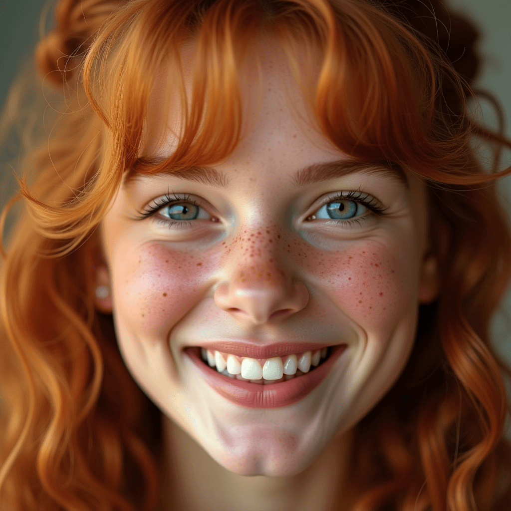 A vibrant portrait of a smiling individual with curly red hair and freckles.