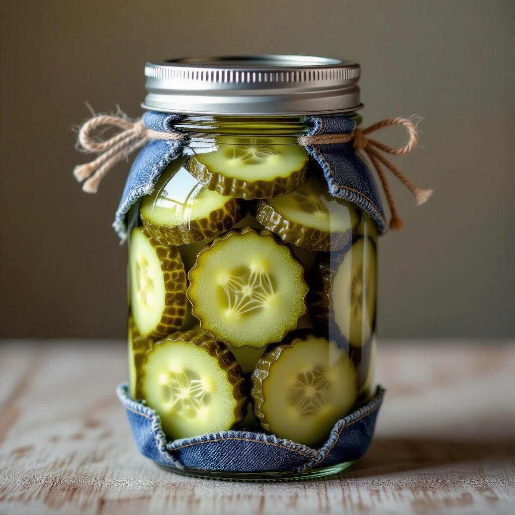 Still life of pickle slices in a mason jar. Unique textures of twisted silk, denim, and velvet. Fashion-meets-food fusion with macro fantasy details.