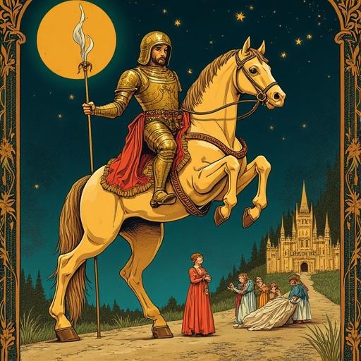 Tarot card design in Alphonse Mucha style featuring the Death card. Image includes a skeleton in armor on a rearing horse holding a banner. Adults and children are on the ground around the horse. Night scene with a distant castle. A priest lays on the ground appearing dead.