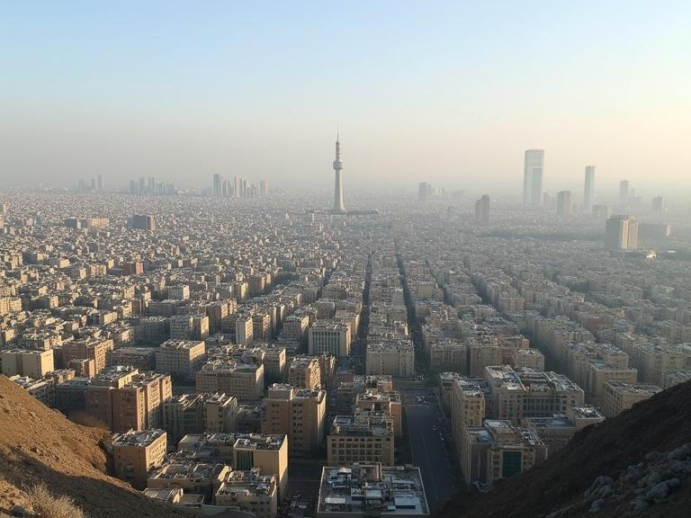 Photo captures a vast view of Tehran. Milad Tower stands prominently in the skyline. The city is densely populated with numerous buildings visible. The atmosphere is hazy and soft, giving a unique perspective of the metropolis.