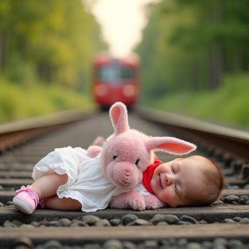 A plush rabbit toy lies beside a sleeping baby on train tracks. A train passes in the background. The scene is filled with soft natural light and lush greenery. The plush rabbit has a joyful expression. The baby wears a red bib over a white dress and rests peacefully.