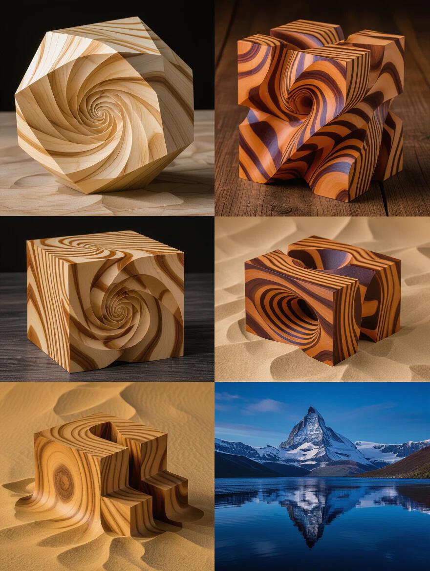 A collection of intricately carved wooden blocks. Each block creates unique optical illusions. Wood grain flows in impossible directions. Effects include spiraling designs and geometric shapes. Carvings simulate fabric and frozen fluid dynamics. All pieces showcase masterful craftsmanship. Background is white to highlight the wood. Studio lighting is set to avoid shadows. Shot in a symmetrical alignment.