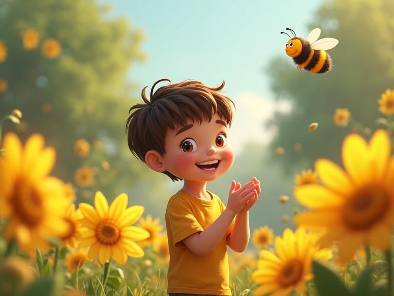 A realistic child clapping happily in a sunny garden filled with bright flowers. A cartoon bee is flying above the child. The setting is cheerful and vibrant, capturing a moment of joy in nature.