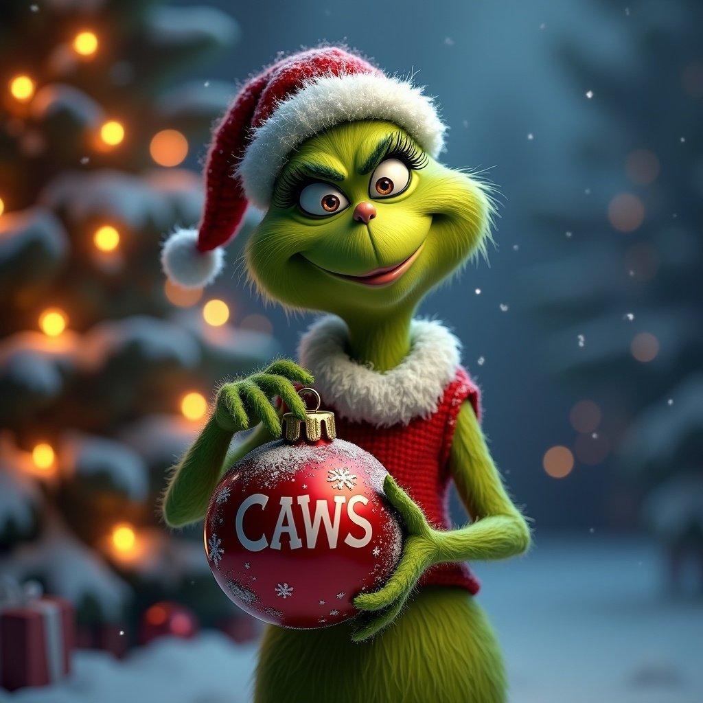 Grinch character holds Christmas bauble with name CAWS. Snowing background decorated with Christmas lights.