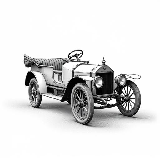 Line art illustration of a small vintage utility car. Car has open-top design with large spoked wheels and front-mounted engine. Focus on simple mechanical features with clutter-free presentation. Clean white background highlights the vehicle's form. ¾ front view.
