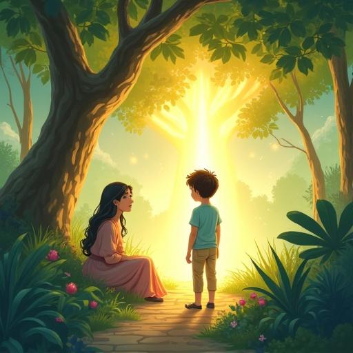 Children's storybook-style illustration with a boy in a glowing garden looking at a radiant tree and his mother beside him in a home garden. Mother shows affection as the boy smiles. Faces are blank and featureless.