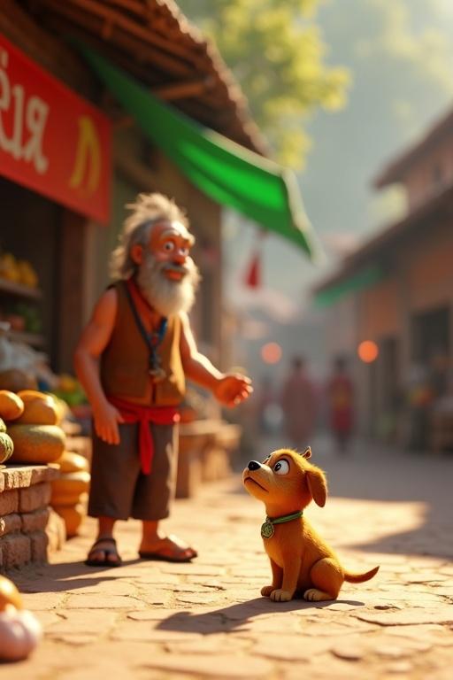 3D animated scene of a small brown puppy near a village shop. Puppy looks up at a stern villager. Bright sunlight illuminates the scene. Colorful shop filled with fruits. Village background with blurred figures.
