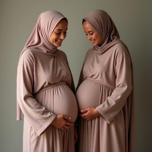 Two women wearing hijabs are standing side by side. They are both pregnant and wearing flowing beige garments. Soft lighting provides a warm atmosphere. They display a sense of unity and joy as they hold their bellies.