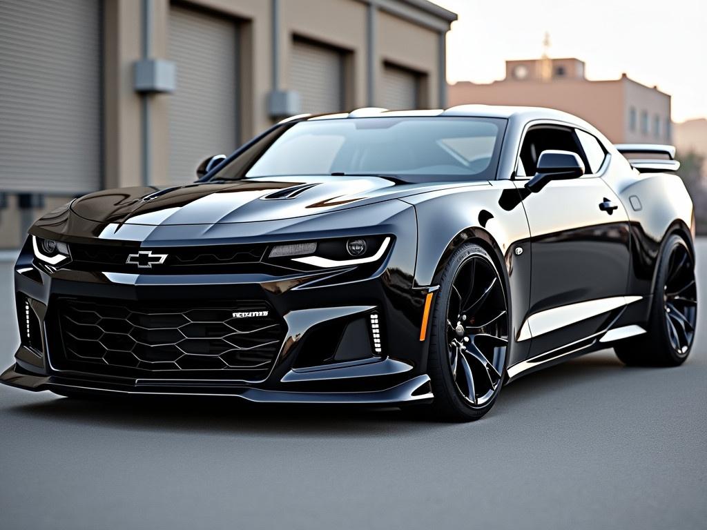 This image showcases a sleek and powerful black Chevrolet Camaro, designed for high performance. The car features a sporty body kit that enhances its aerodynamics, making it look aggressive and stylish. Its shiny black exterior glimmers under the light, highlighting the unique design details like the front grille and sharp headlights. The large, multispoke alloy wheels add to its athletic stance, perfect for speed enthusiasts. In the background, a hint of urban architecture can be seen, suggesting that this car is ready to conquer city streets.