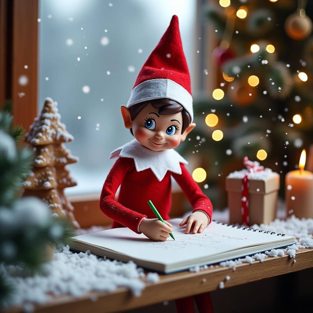 A cheerful elf on the shelf is sitting at a wooden table, writing in a sketchbook. The scene is set in a cozy room decorated for Christmas, with a tree adorned with twinkling lights and a few gifts. Snowflakes are gently falling outside the window, creating a magical winter atmosphere. The elf is dressed in a vibrant red outfit with white accents and has an excited expression. There is a cute little stack of snow-covered decorations nearby, completing the festive setting. The mood is joyful and whimsical, perfect for the holiday season.