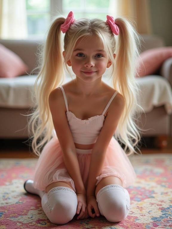 A young girl with long blonde hair wearing pink bows kneels on a colorful rug in a softly lit living room. She wears a crop top, pale pink skirt, thigh-high socks, and black shoes. Her flirty smile complements the playful ambiance.