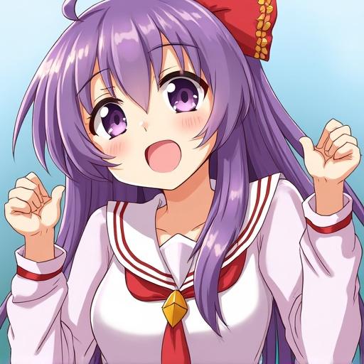 Anime girl character featuring purple hair and a cheerful smile. She is wearing a school uniform with a red bow. Background is light blue and enhances her vibrant appearance. Hands raised in excitement.