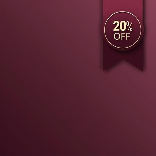 Placement is a circular badge in the top-right corner. Text reads '20% OFF' in clean sans-serif, small caps. Color palette includes deep plum and muted gold for a premium feel. Typography style is minimalist, inspired by renowned designers. Visual treatment features subtle drop shadow and matte finish. Overall tone is premium, clean, and minimal.