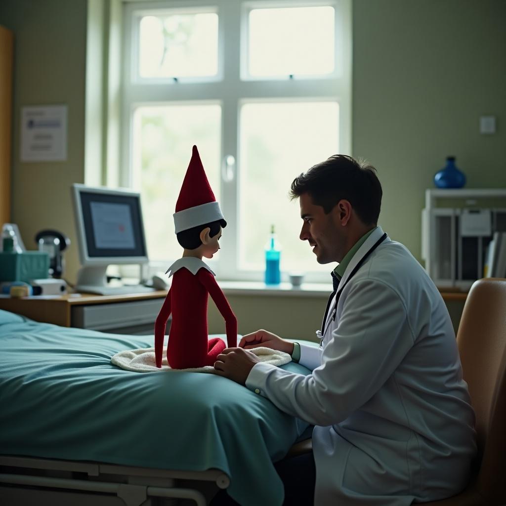 Elf on the shelf sits with its back to the viewer. Elf is sick and doctor checks up in the hospital.