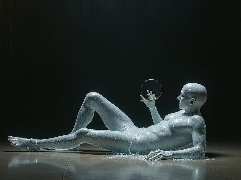 A transparent glass man lies on the ground in a dark room. One leg appears shattered. He holds a small mirror and gazes into it. The style is dramatic like a painting with deep shadows and soft lighting. Focus is on vulnerability and self-confrontation. High detail on cracks and reflections.