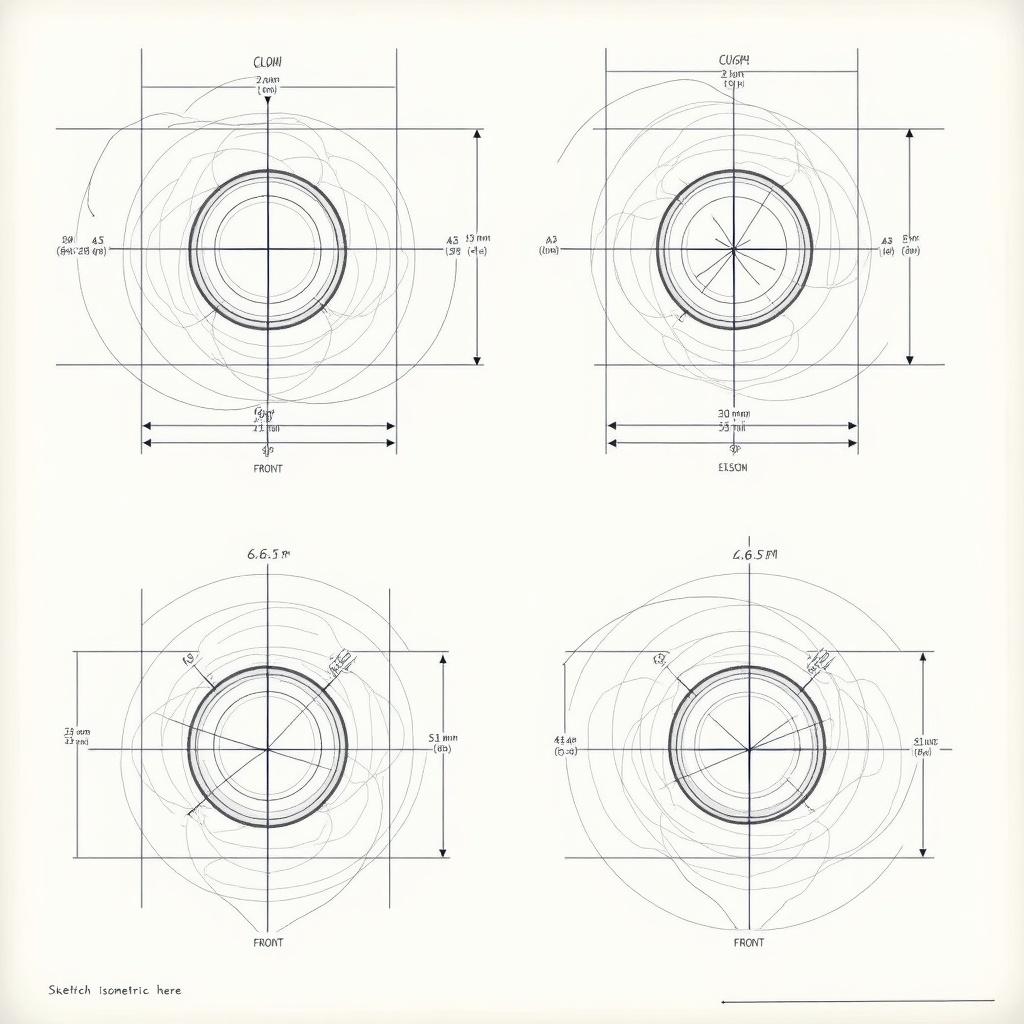 Engineering drawing features orthographic views. Displays dimensions in metric units. Highlights geometric features like circles and angles. Shows notations for radii and diameters. Includes section for isometric sketch. Provides detailed measurements for manufacturing. Essential for engineers and designers.