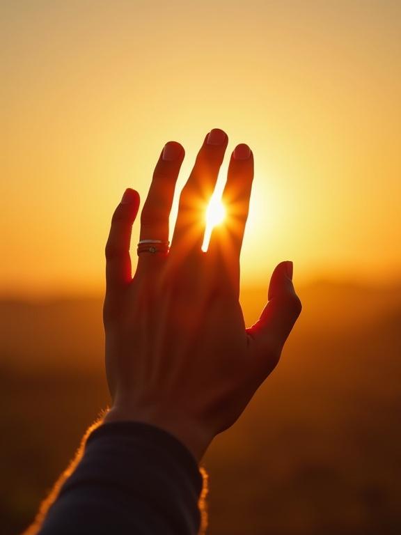 Close-up shot of a hand reaching towards the sun during sunset. The sun creates a warm glow and a silhouette of the hand. Focus on the sunburst effect.