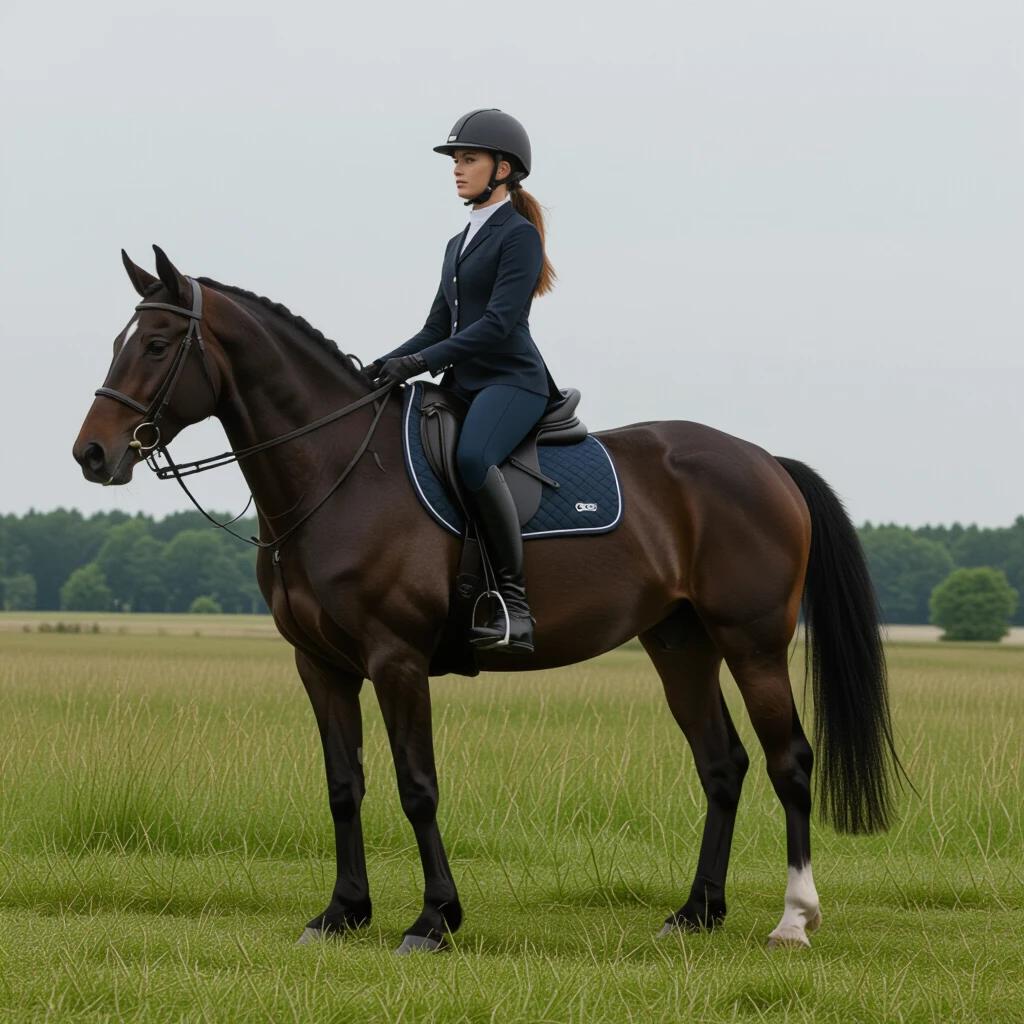 A woman sitting on a dark horse in an open field. She is dressed in equestrian attire and wearing a helmet. The horse is calm and majestic, surrounded by a green landscape. The scene conveys elegance and companionship between the rider and horse.