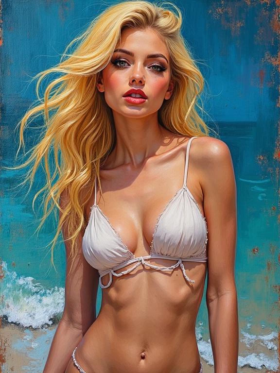 Impressionist painting of a unique female character. Beautiful blonde woman with smoky eye makeup. Wearing a form-fitting top with plunging neckline. Long legs in the foreground, vivid colors throughout the composition.