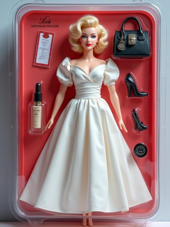 Doll styled as Marilyn Monroe in her iconic white dress inside transparent blister packaging. Includes accessories like lipstick, handbag, high heels, organized around the doll. Professional lighting with an appropriate toy package background.