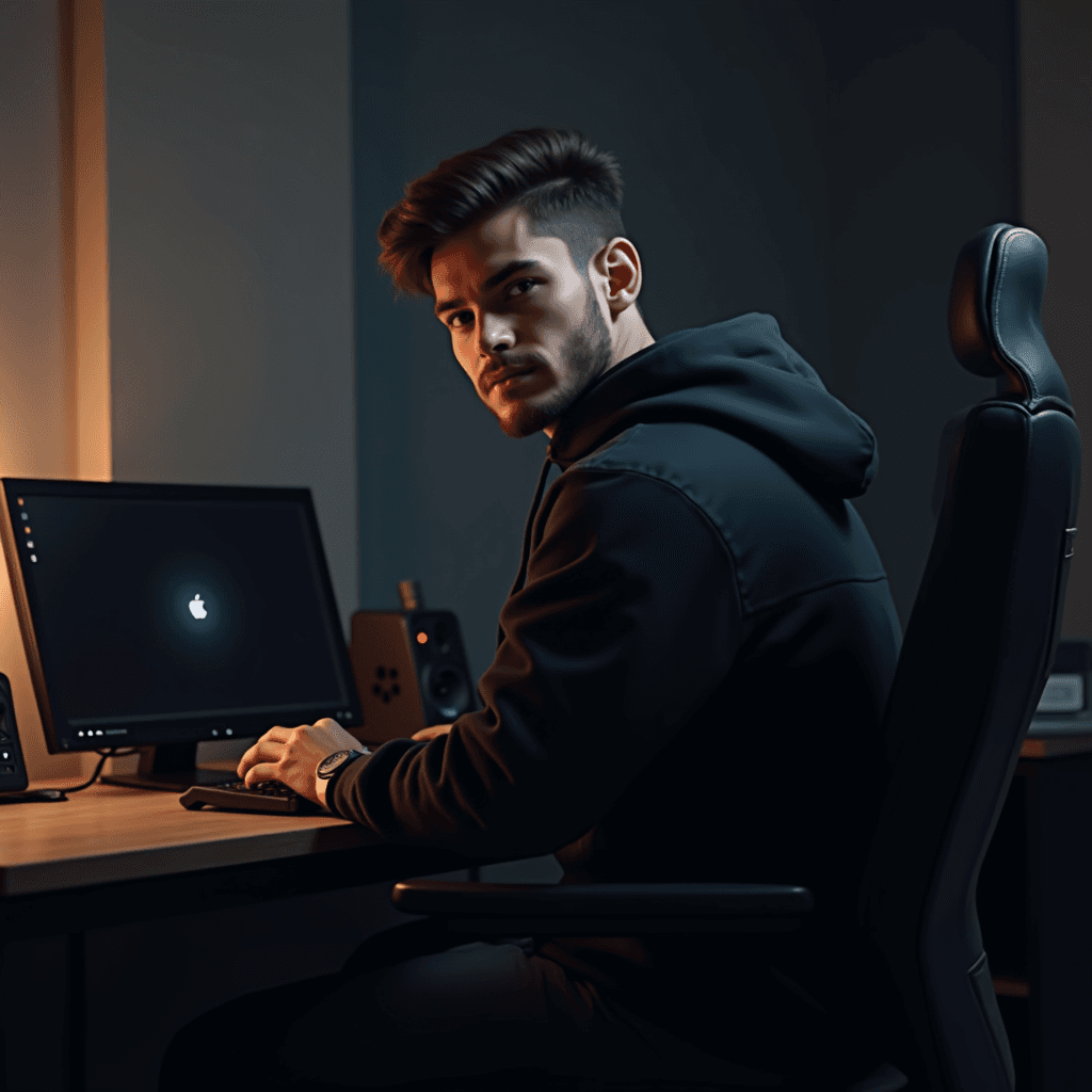 A person in a hoodie is working on a computer in a dimly lit room.