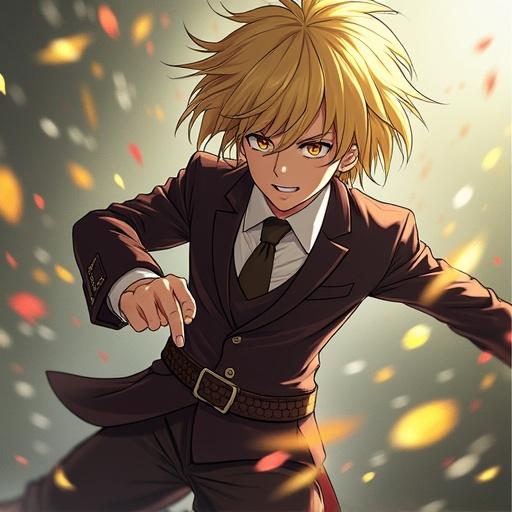 Kurapika from Hunter x Hunter depicted in a fighting stance. The character is wearing a formal suit with a tie. Golden hair is emphasized in a dramatic scene with sparkles around. Emphasizes movement and action.
