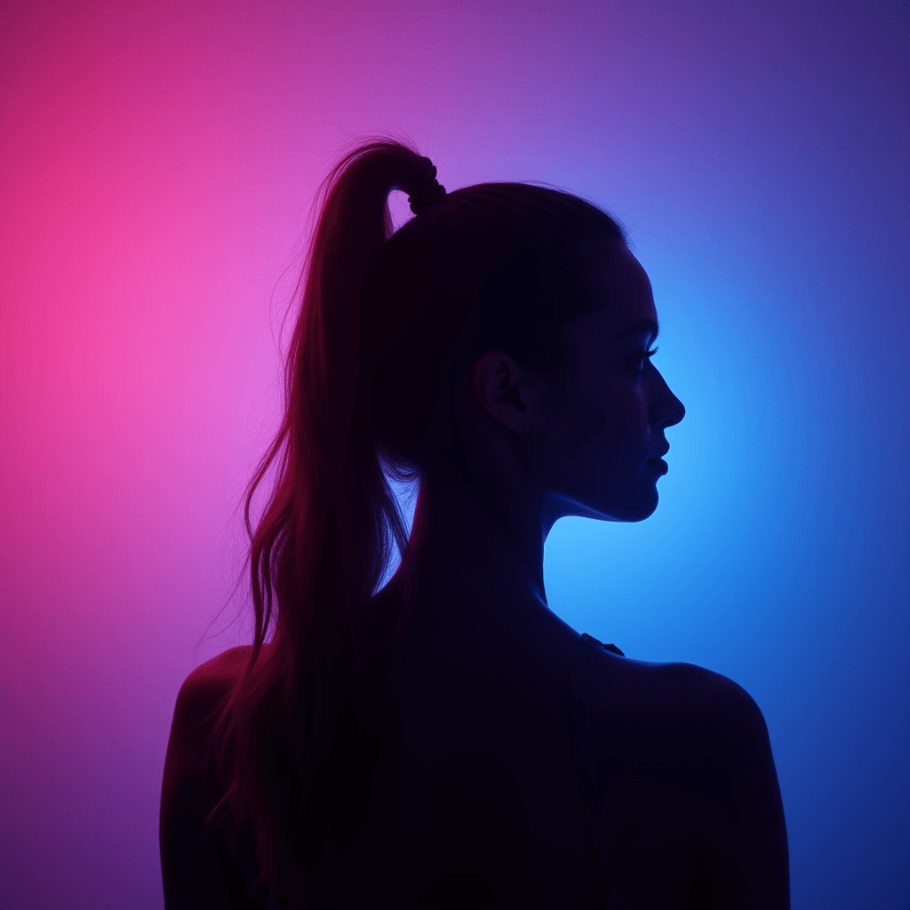 This image features the silhouette of a person with their hair tied back in a ponytail, set against a vibrant background that transitions from deep pink on the left to bright blue on the right. The interplay of light creates a striking contrast, highlighting the contours of the person's profile. The overall effect is a visually arresting blend of colors, casting the subject in a modern, artistic light.