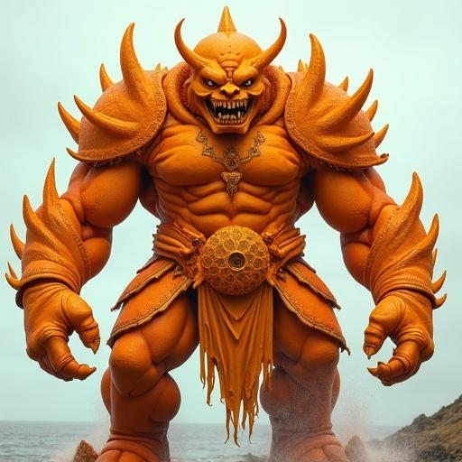 A huge orange monster stands on the beach. Monster appears muscular with warrior armor. Face is sinister and has a fierce expression. Full height included in the picture. Background features the sea and light colors. Skin resembles bright orange with a texture like orange peel. Monster looks directly into the camera.