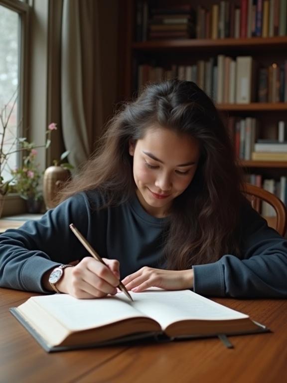 A person is journaling at a wooden table. They have long, wavy hair and are wearing a dark sweater. A pen is in their hand, and they are focused on writing in an open journal. Nearby, a window lets in soft natural light, highlighting the cozy ambiance of the space filled with books.