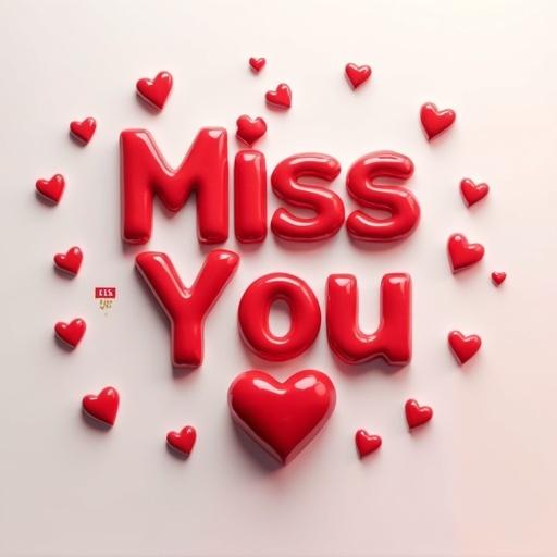 3D render of the phrase Miss You in red ceramic letters. Soft white backdrop with a large red heart below. Scattered smaller red hearts around composition. Soft diffused lighting enhances glossy texture of letters. Handwritten gold ink signature below.