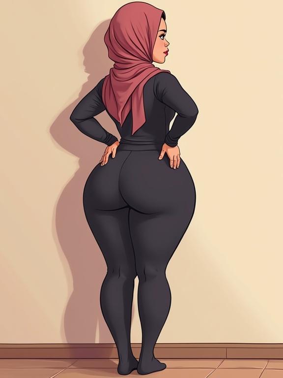 Illustration of a curvy woman with wide hips wearing a hijab and tight clothes. She poses confidently with her back against a wall, looking at the viewer. The image is colorful and vector-based.