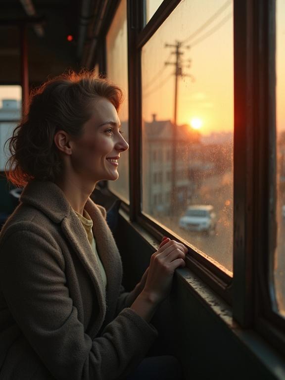 A vintage tram in a small Russian town at sunset. A thoughtful woman smiles while gazing out the window. She has a dreamy expression. Hints of a dream about a young man are visible. The background has translucent visions. The scene has warm muted colors. Blends realism and surrealism. The mood is gentle and melancholic. The atmosphere is poetic.
