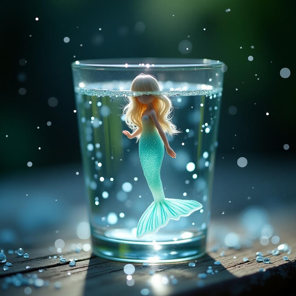 A tiny mermaid swims within a crystal-clear glass filled with shimmering water. Glass illuminated by a soft glow casting reflections. Mermaids tail sparkles with aquamarine and pearl hues. Background blurred emphasizing magical light. The mood feels intimate and dreamy.