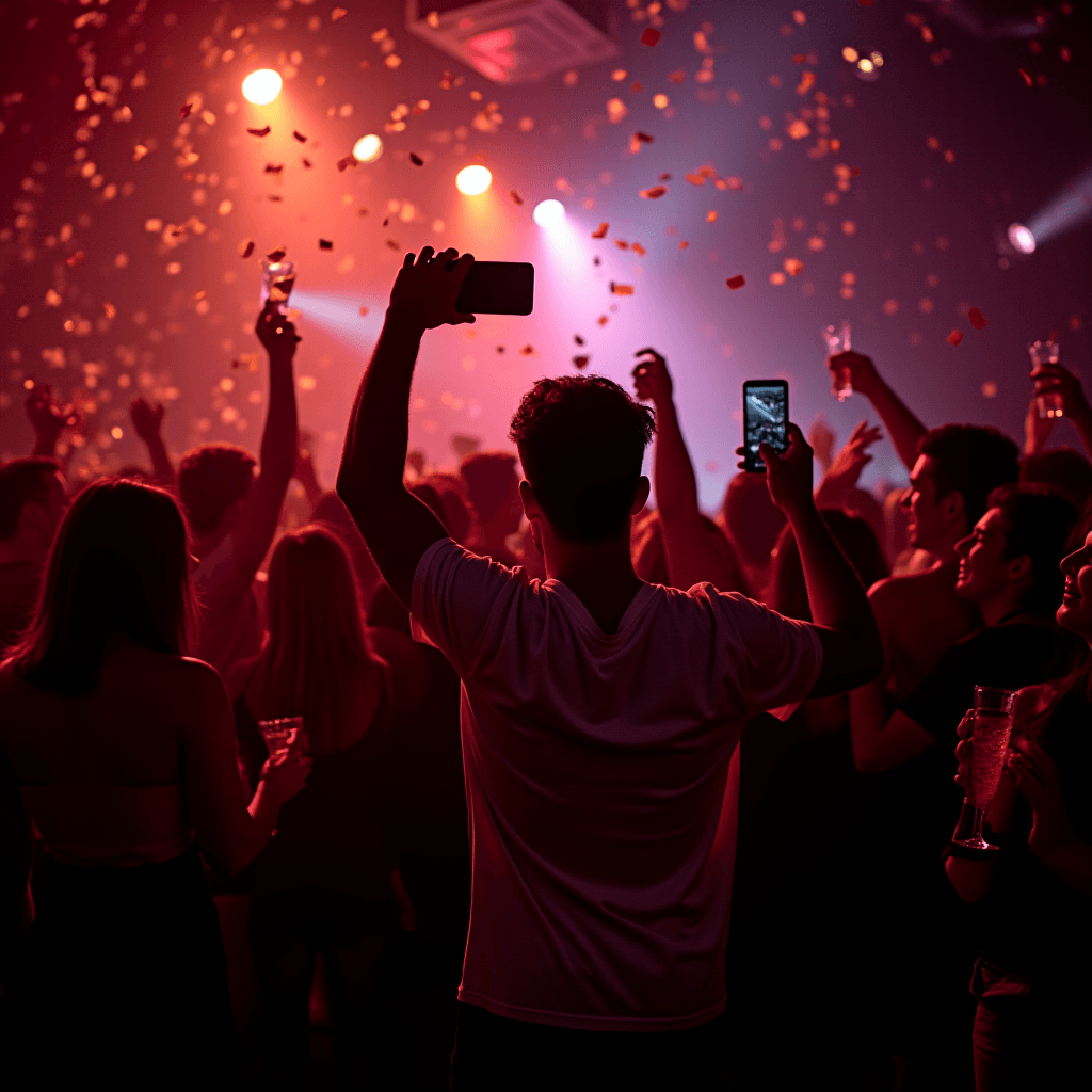 A lively crowd enjoying a night out with phones and drinks in hand under colorful lighting.