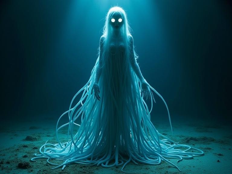 Humanoid female creature with long glowing blue tentacles stands on the dark ocean floor. Visible face has large luminous eyes. Cinematic shot from the front showing back of the creature. Captured on Kodak film stock.