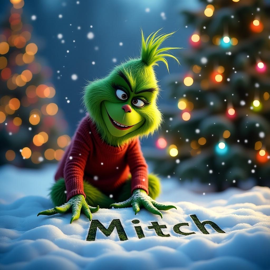 The Grinch is outside in the snow. Christmas trees surround him, decorated with lights. The Grinch is writing the name Mitch in the snow.